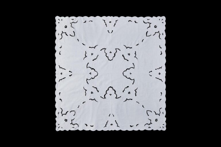Vintage cotton tablecloth with floral embroidery and scalloped edge, handmade in Portugal
