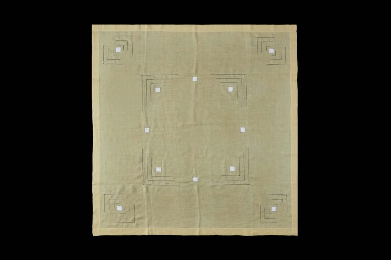 Vintage square linen tablecloth from Portugal with hand-embroidered geometric motifs