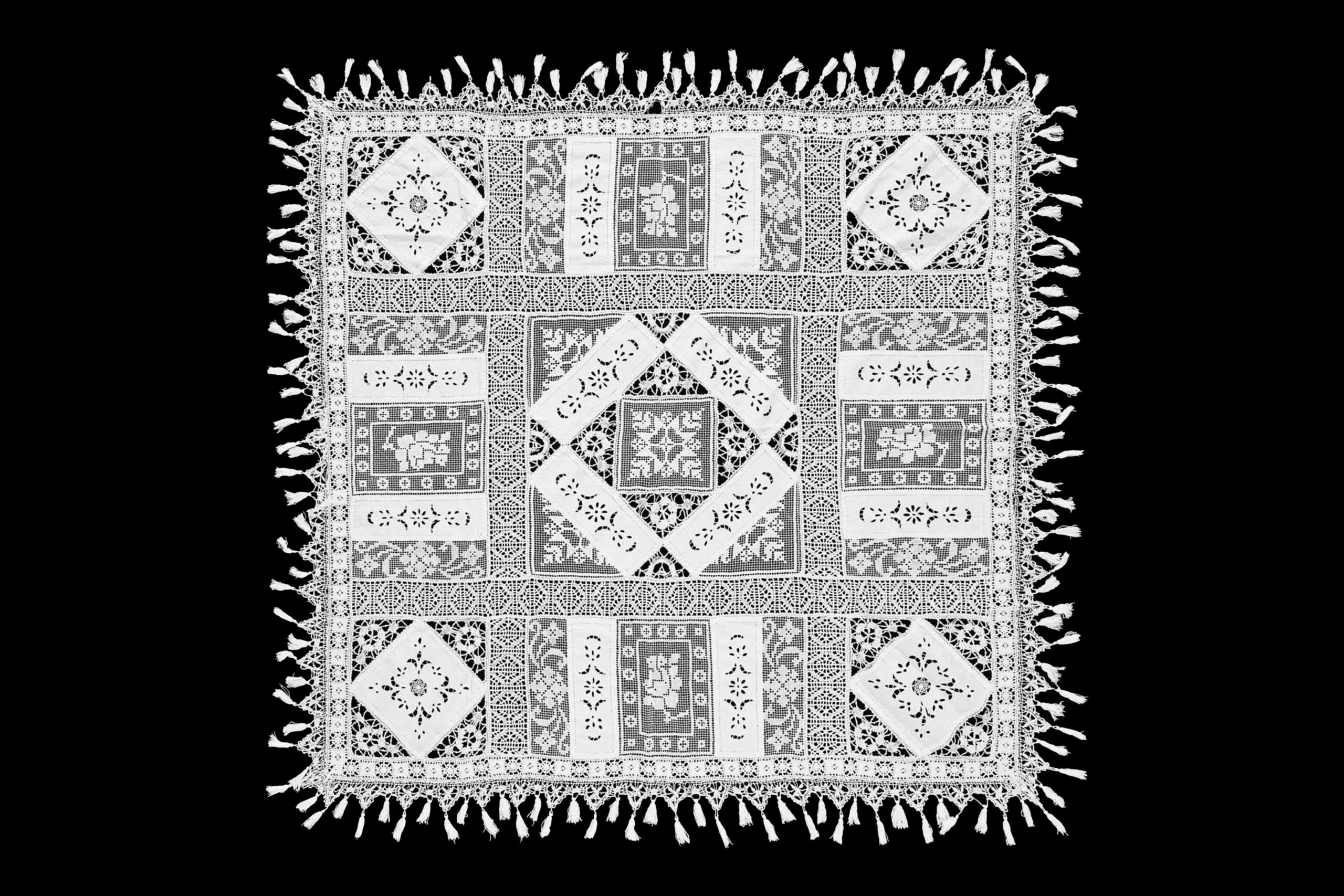 White square linen tablecloth handmade in Portugal with needle-lace and openwork embroidery, 140 × 140 cm