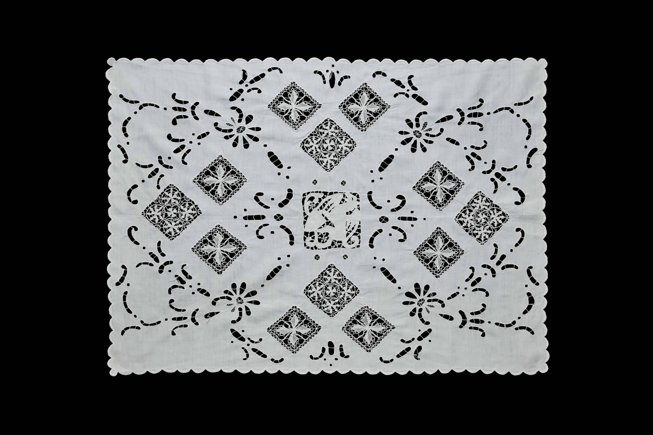 White rectangular linen table runner handmade in Portugal with openwork and bobbin lace