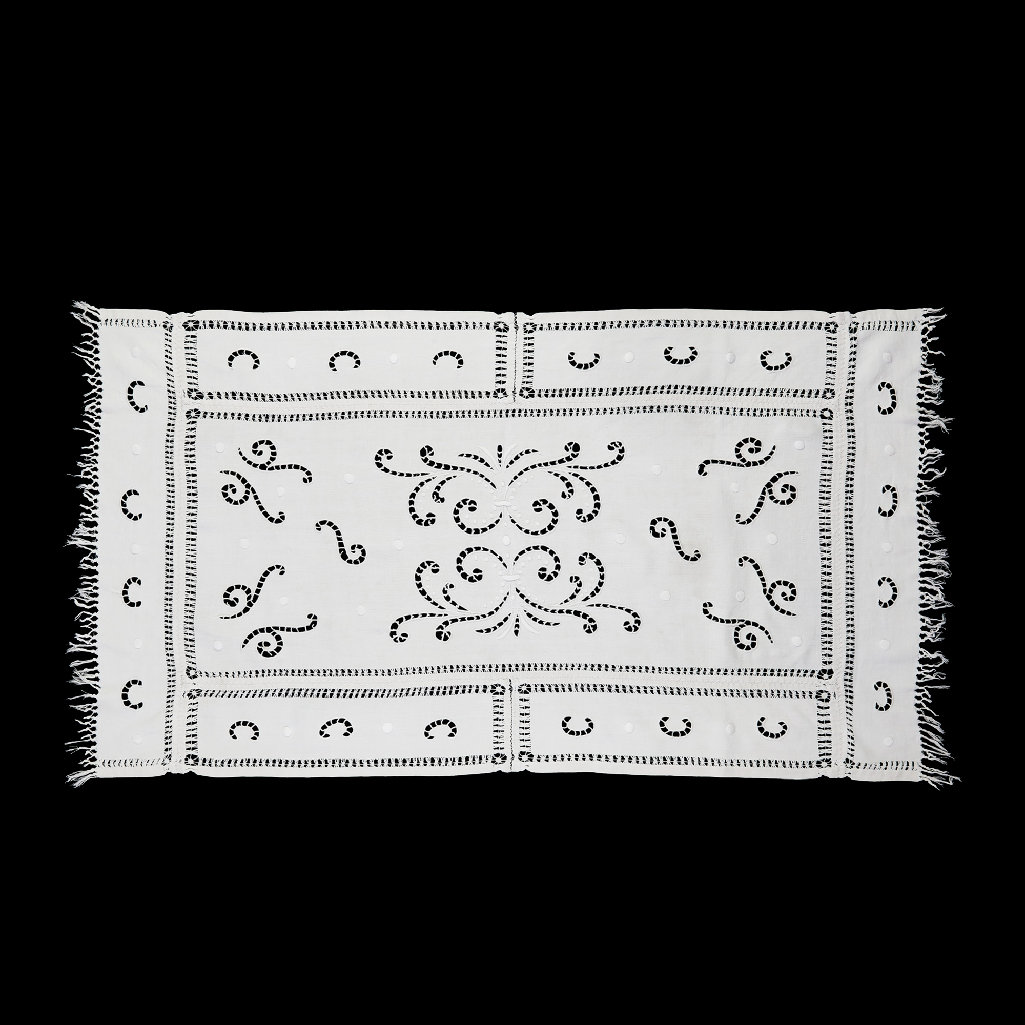 tablecloth-crochet-trim-flatlay.jpg Centenary white linen tablecloth with crochet trim, lace inserts, and openwork.